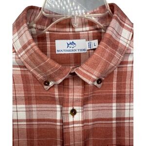Southern Tide Men's Large Coral White Plaid Long Sleeve Button Down Cotton Shirt